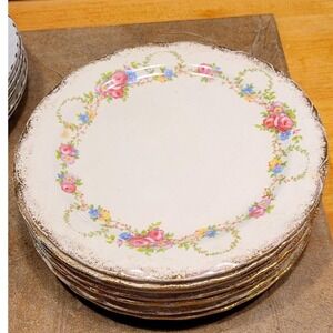 Vernonware California Gold Trim Floral Dinner Plates Set of 5 Vintage